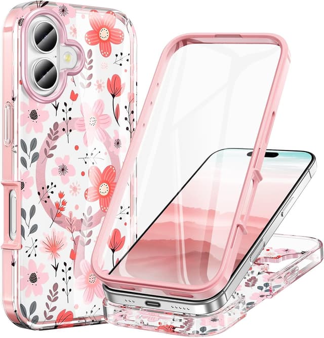 Detalle de STERKER Designed for iPhone 17 Case 6.3" — MagSafe-Compatible, Built-in Screen Protector, Rugged Drop Protection (Floral Whimsy Pink)