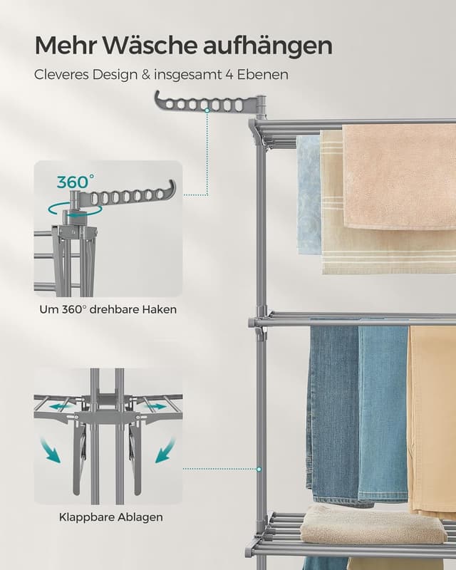 Detalle 2 de SONGMICS Wäscheständer LLR701G01 – Standtrockner mit 4 Ebenen, klappbaren Flügeln und Rollen (63,5 x 128 x 173 cm)