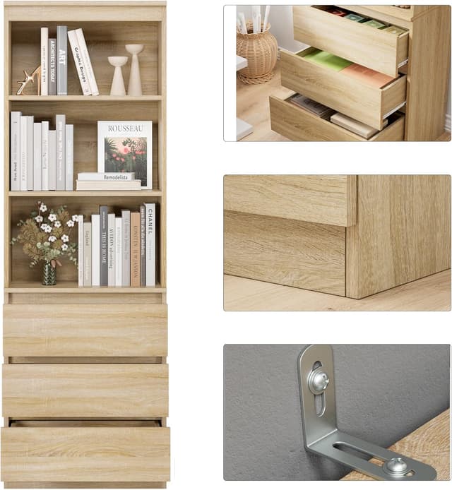 Detalle de FirFurd Bibliothèque haute chêne autoportante avec 3 étagères et 3 tiroirs, 60x35x180 cm