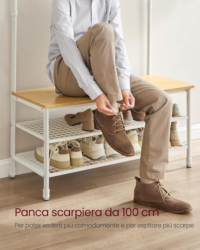 Detalle de VASAGLE Appendiabiti Grande Mobile da Ingresso con Panca, 9 Ganci e Scarpiera HSR047W09 (Rovere e Bianco)