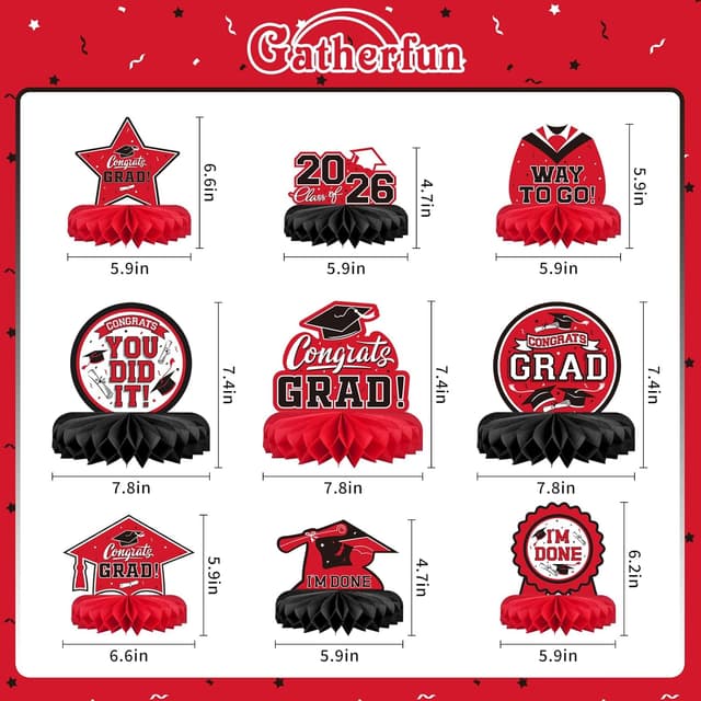 Detalle de 9-Piece Graduation Honeycomb Table Centerpiece Set (Red & Black) for 2026 Congrats Grad