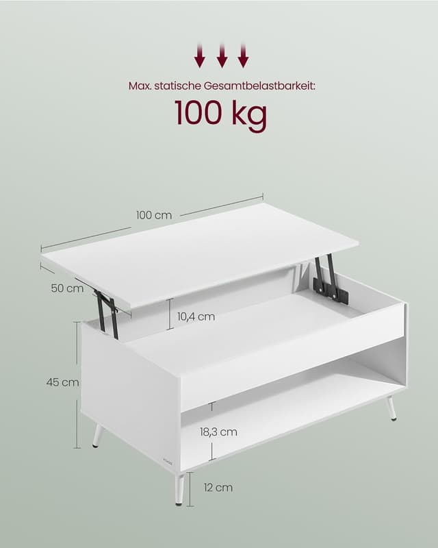 Detalle de VASAGLE höhenverstellbarer Couchtisch mit Gaszylinder und Stauraum LCT267WE01