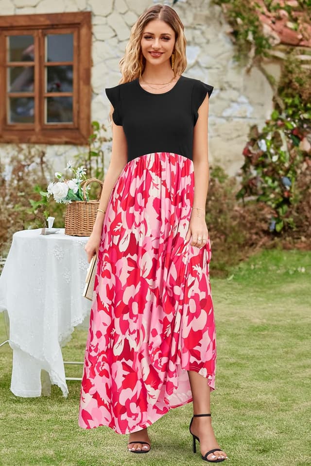 Detalle de OUGES Sommerkleid Damen Lang mit Rüschen, Maxikleid mit Taschen