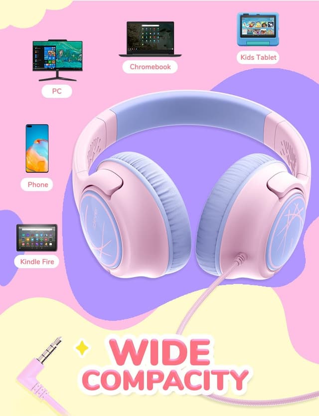 Thumbnail 6 de iClever Kids Wired Headphones (85dBA volume limit) for School & Travel, Pink