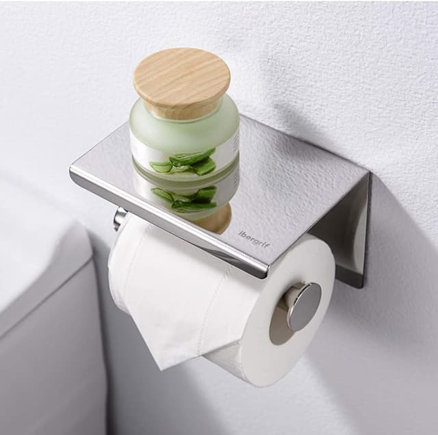 Detalle de Ibergrif Toilettenpapierhalter aus Edelstahl mit Ablage – 2 Montagearten (selbstklebend oder bohren), bis 10 kg