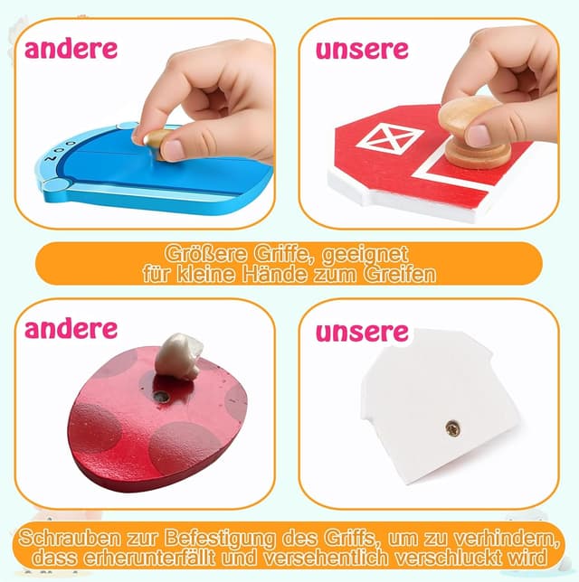 Detalle 2 de Nabance Holzpuzzle ab 1 Jahr „Bauernhof Tiere & Fahrzeuge“ mit 6 Steckentüren (Montessori Lernspiel)