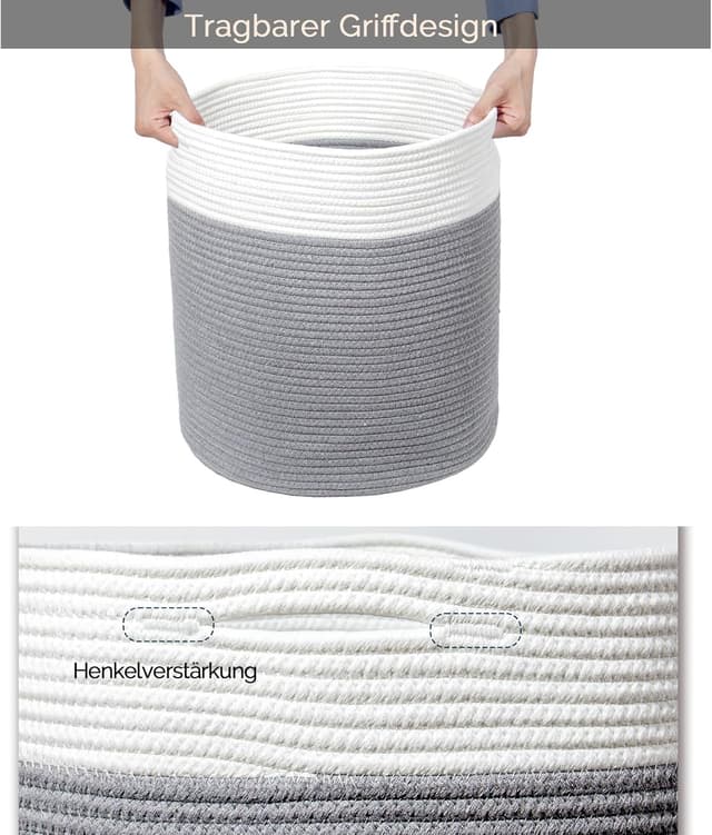 Detalle de SYLANDO Waschekorb aus Baumwollseil mit Griff, 32 l – grau (D34 × H40 cm)