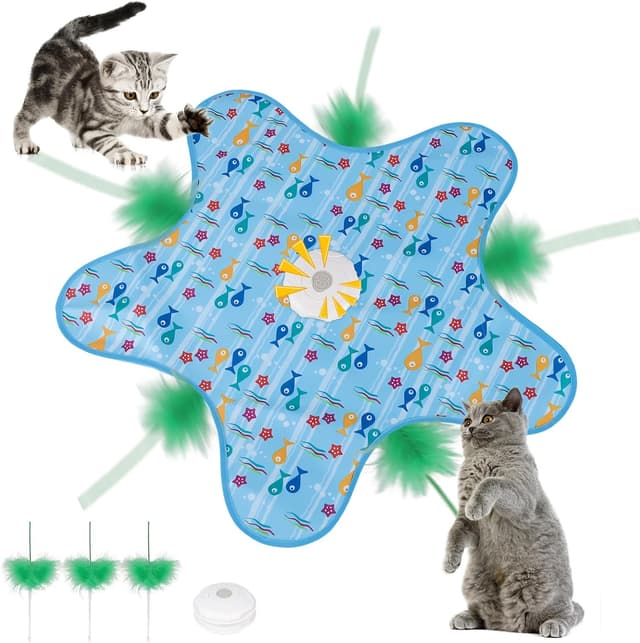 Detalle de Interaktives Katzenspielzeug mit Feder und Quietschmaus – USB wiederaufladbar, mit Versteckspiel & 3 Lichtmodi (blau)