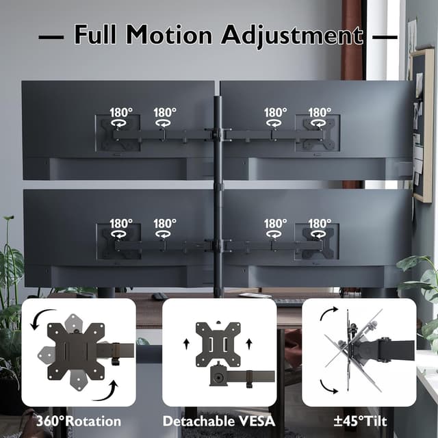 Detalle 2 de BONTEC Monitor Halterung für 4 Monitore (13–27 Zoll), höhenverstellbar, neigbar 180° schwenkbar 360° drehbar, VESA 75/100 mm