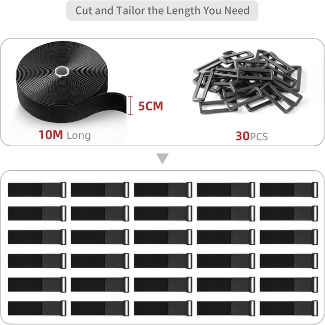 Detalle de Trilancer 5cm x 10m Heavy Duty Hook and Loop Straps with 30 Buckles – Cut-to-Length Reusable Cinch Straps