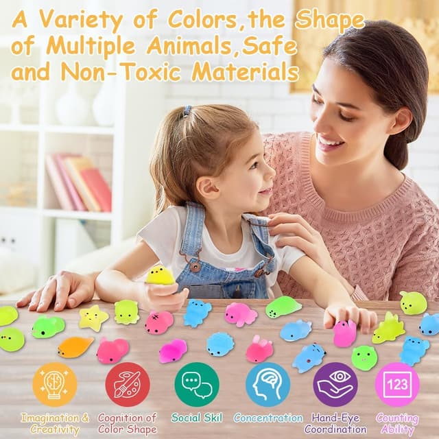 Detalle 2 de Ainiv 24PZ Squishy fluorescenti antistress in TPR (24 pezzi) per bambini, kawaii, da spremere