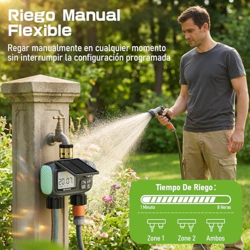 Detalle 2 de Programador de riego solar CyberOrd de 2 zonas con carga solar y modos automático/manual y retraso por lluvia