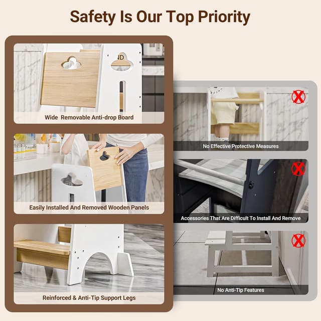 Thumbnail 4 de COSYLAND Toddler Standing Tower 3-Level Wooden Kitchen Stool