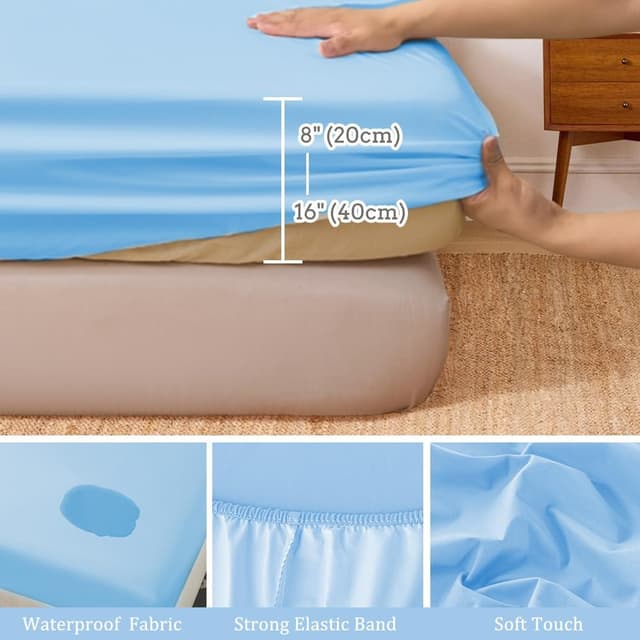 Detalle 2 de DUJUIKE 100% wasserdichtes Spannbettlaken als Matratzenschoner Himmelblau (200 x 220 cm)