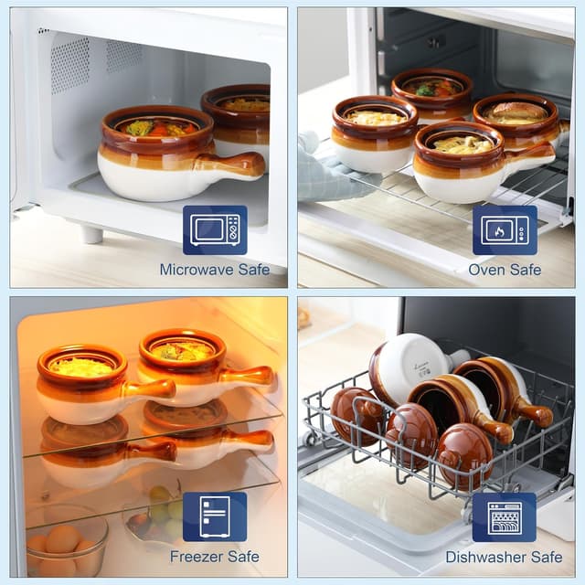 Detalle 2 de LOVECASA 16 oz French Onion Soup Crocks with Lids (Set of 4) – porcelain soup bowls with extended handle