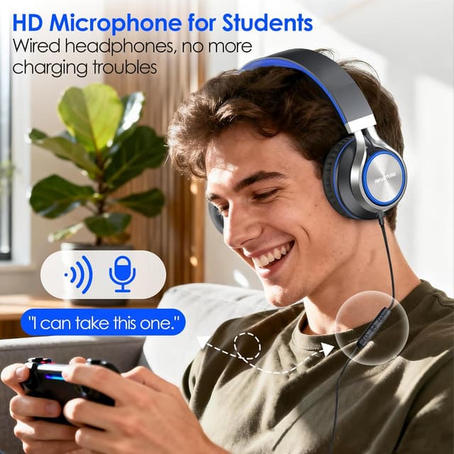 Detalle de INFURTURE USB-C wired headphones with microphone, volume control and foldable design (Blue-Black)