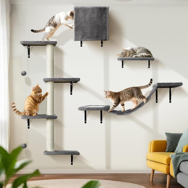 Detalle de Thihome Katzen-Kletterwand Set (10-teilig) mit Hängebrücke, Kratzbrettern und Schlafhöhle