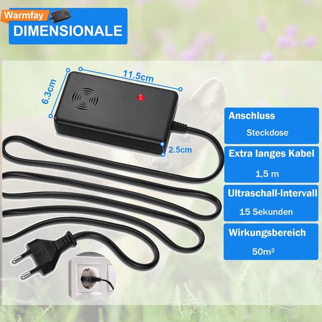 Detalle de Warmfay Marderschreck mit Ultraschall-Stecker – bis ca. 50 m², Vario-Frequenz und Anti-Gewöhnungseffekt