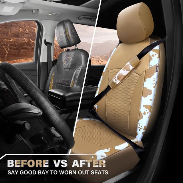 Detalle 2 de CAR PASS Cow Print Faux Leather Car Seat Covers & Car Mats Set (Beige)