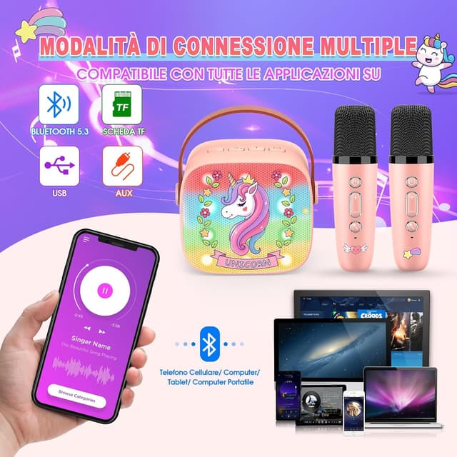 Detalle de Dislocati karaoke per bambini con 2 microfoni wireless, Bluetooth e luci LED a tema unicorno (3-12 anni)