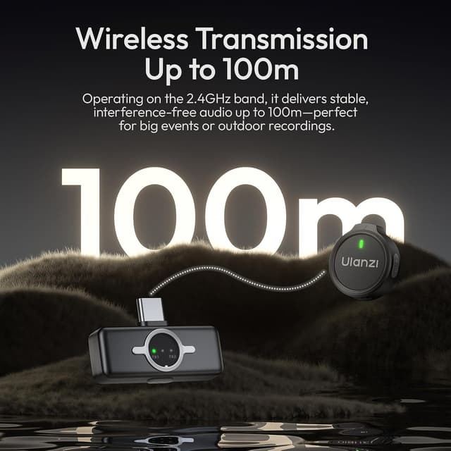 Detalle de ULANZI A21 kabelloses Lavalier-Mikrofon-Set (2 Sender) für iPhone, Android & Vlog – Magnetdesign, 100 m Reichweite