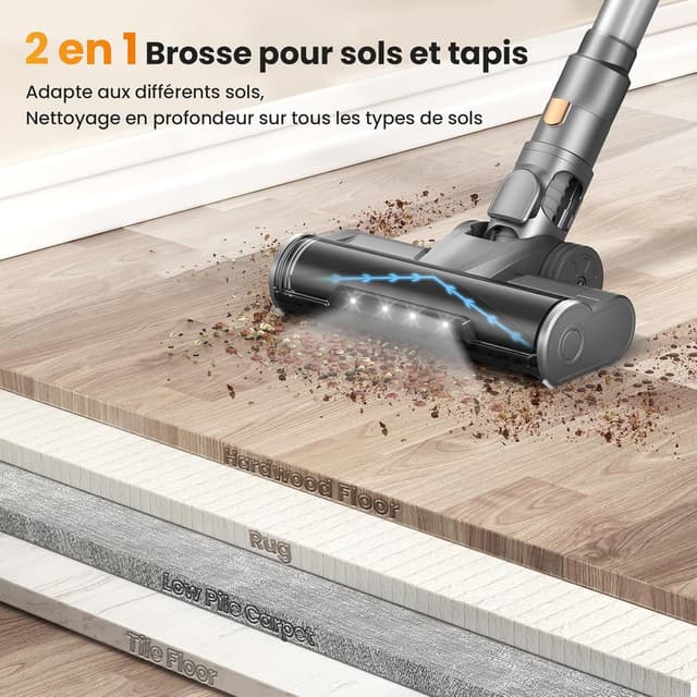 Detalle de Aspirateur balai sans fil 400 W 45 kPa, autonomie jusqu’à 55 min avec batterie amovible, brosse anti-emmêlement et LED