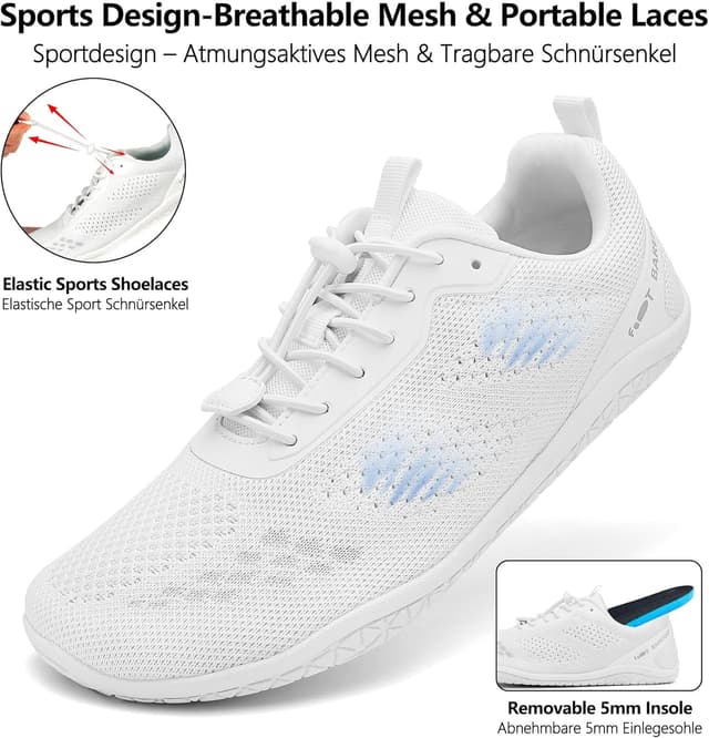 Detalle de Geweo Barfußschuhe Sneaker mit breiter Zehenbox, Zero-Drop-Sohle und atmungsaktivem Sommer-Obermaterial