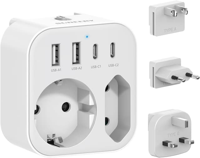 Detalle de Reisestecker Weltweit Universal-Reiseadapter 6-in-1 mit USB-C & USB-A (Japan/Europa/England, 3 Stecksysteme)