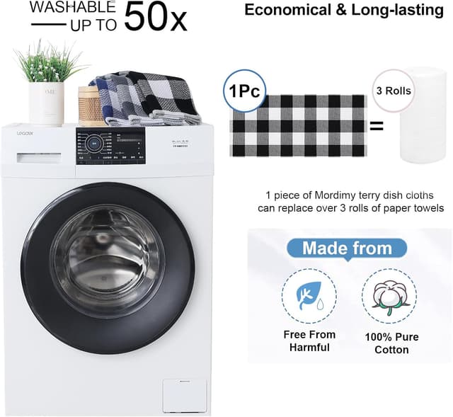 Detalle de Mordimy 100% Cotton Waffle Weave Kitchen Towels (13 x 28 in), Black & White Buffalo Check, 4-Pack