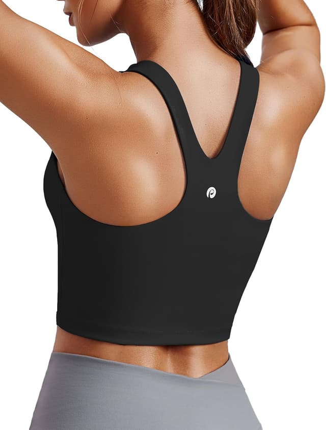 Detalle de PINSPARK Women’s High Neck Racerback Sports Bra Crop Tank Top (Longline) with Removable Pads