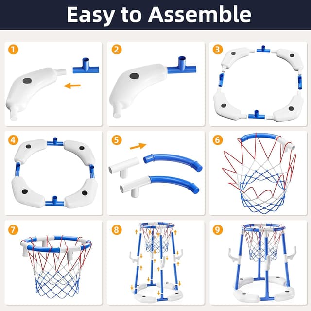 Detalle 2 de NIPLOOOW Pool Basketball Hoop 2-in-1 Floating Pool Toys Set (Blue) with 4 Balls and Pump