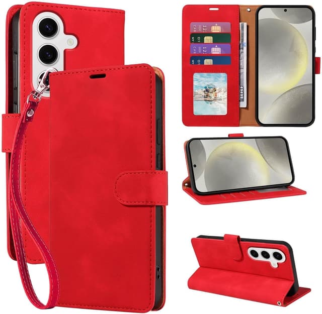 Detalle de GOTOURED Wallet Case for Samsung Galaxy S24 (Red) with RFID Blocking, 4 Card Slots & Detachable Wrist Strap, Kickstand