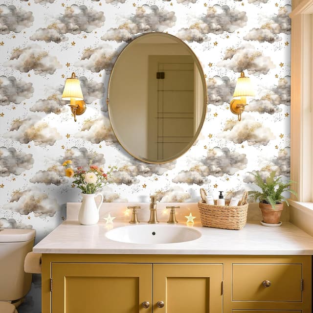 Detalle de FunStick Wolke und Stern Tapete für Kinderzimmer (selbstklebend, abziehbar) in Weiß/Grau, 44,5 cm × 3 m