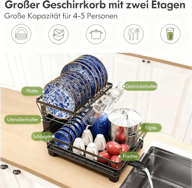 Detalle 2 de Theo & Cleo 2-stufiges Abtropfgestell für Geschirr mit 360° drehbarem Auslauf & Abtropfschale (schwarz)