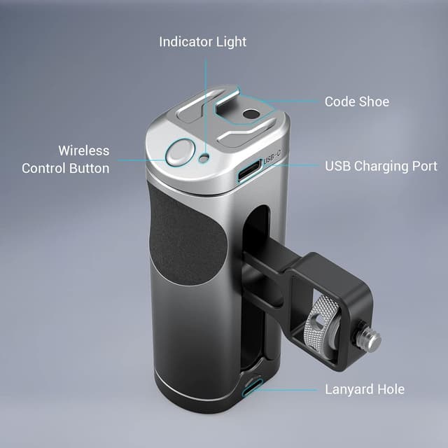 Detalle de SMALLRIG Poignée latérale 3838 avec démarrage/arrêt d’enregistrement sans fil et cold shoe