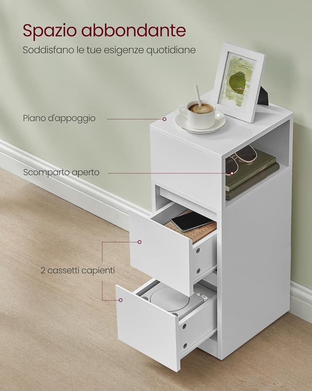 Detalle de VASAGLE KAILYN LET656W01 comodino stretto moderno con 2 cassetti e scomparto
