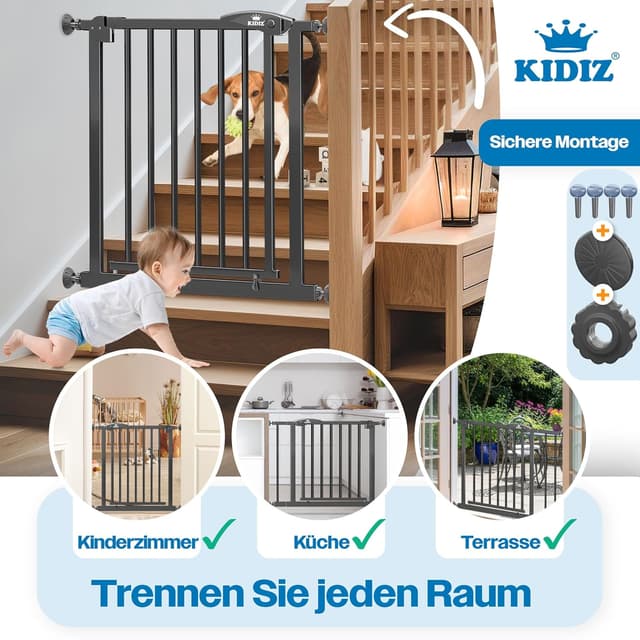 Detalle de KIDIZ Treppenschutzgitter ohne Bohren, verstellbar 74–80 cm, 75 cm hoch (Anthrazit)