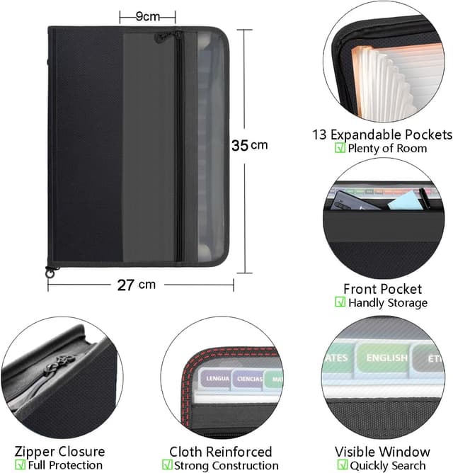 Detalle 2 de TRANBO Akkordeon-Aktenordner mit Reißverschluss – Fächermappe mit 13 Fächern für A4, Etiketten, Bleistifttasche