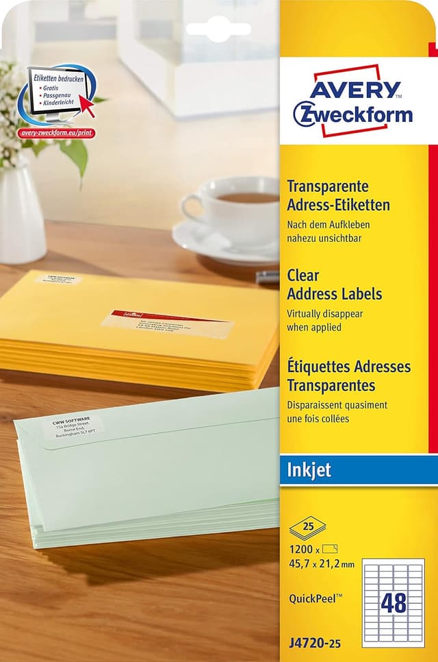 Detalle de AVERY Zweckform J4720-25 Adressetiketten (1.200 Stück, transparent, 45,7 × 21,2 mm auf A4)