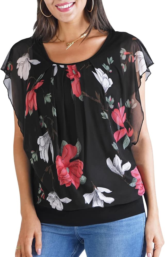 Detalle de BAISHENGGT Damen Sommer Netz-Bluse mit Falten, Rundkragen und Kurzarm