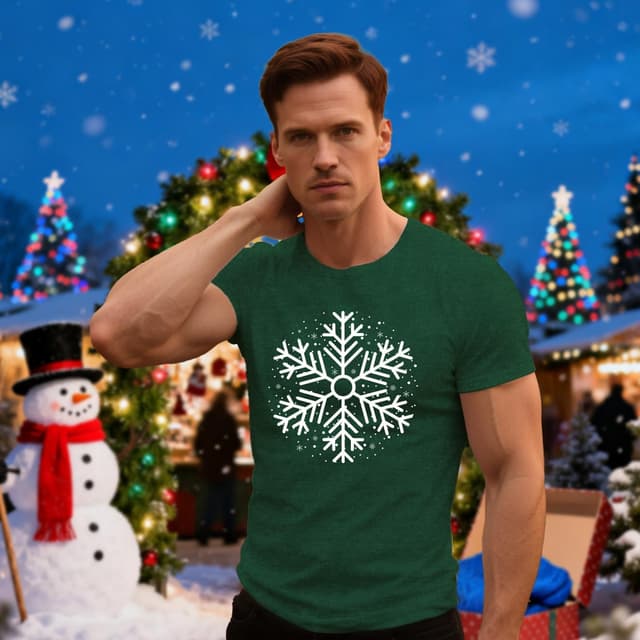 Detalle de Qskall men’s Christmas snowflake T-shirt (green or red) – festive casual holiday tee