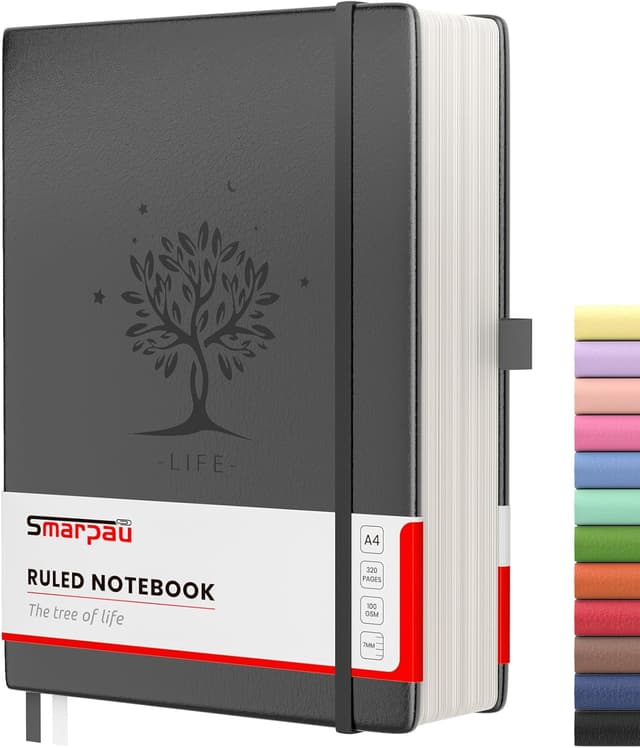 Detalle de Smarpau Lined Journal Notebook (Large A4, Thick Hardcover, 320 Pages) – Black lined notebook with 100gsm paper