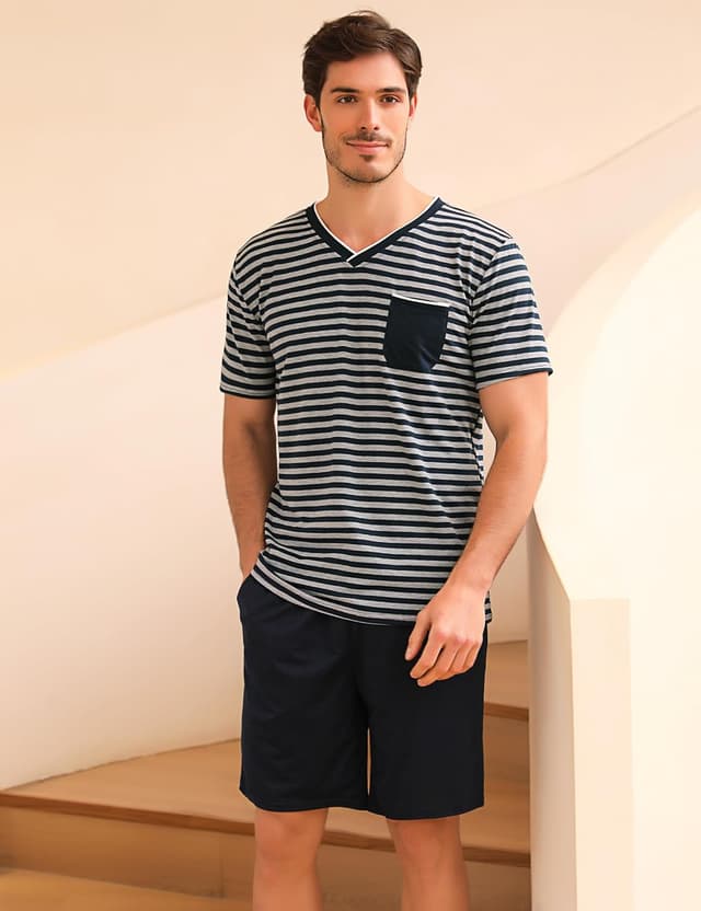 Detalle de Leversic Herren-Schlafanzug kurz aus Baumwolle mit Kontraststreifen-Design (Sommer-Pyjama Set)