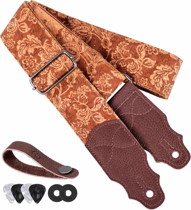 Detalle de YIKOKO Gitarrengurt aus Rindsleder (Kopfschicht), verstellbar 38–64" für Akustik- und Bass-/E-Gitarren