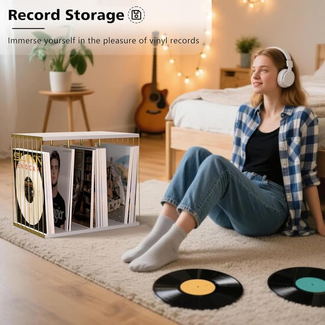 Thumbnail 6 de Emfogoo Vinyl Record Storage cube stand (metal & industrial wood) for up to 80 LPs, white