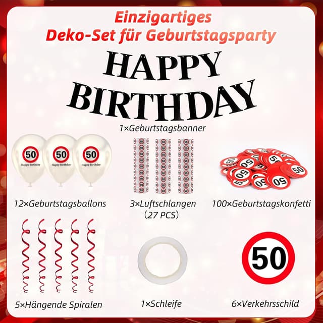 Detalle de WenmthG Deko zum 50. Geburtstag mit Verkehrsschild-Design (Girlande, Luftballons, Luftschlangen, Konfetti)