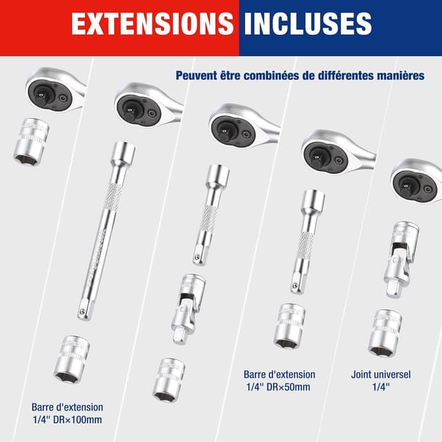 Detalle de Coffret WORKPRO de douilles et embouts 34 pièces 1/4" double tête, rallonges et joint universel
