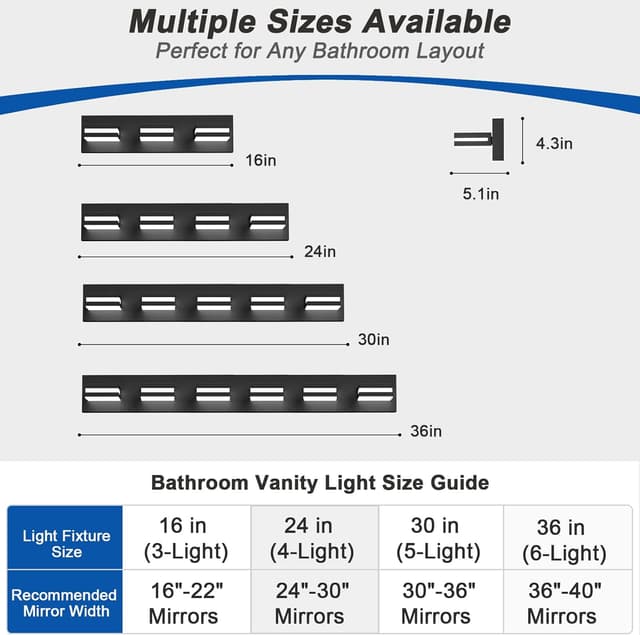 Detalle de IZORRO LED Modern Bathroom Lights Fixture (4-Light, Dimmable, 360° Rotate) in Matte Black Acrylic
