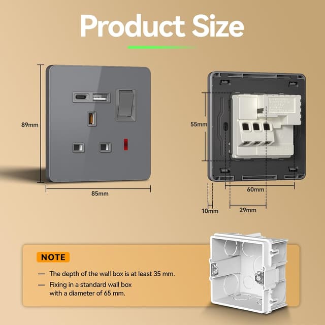 Detalle de BSEED plug socket with 20W USB-C fast charging (switched), 1-gang UK standard, grey glass panel