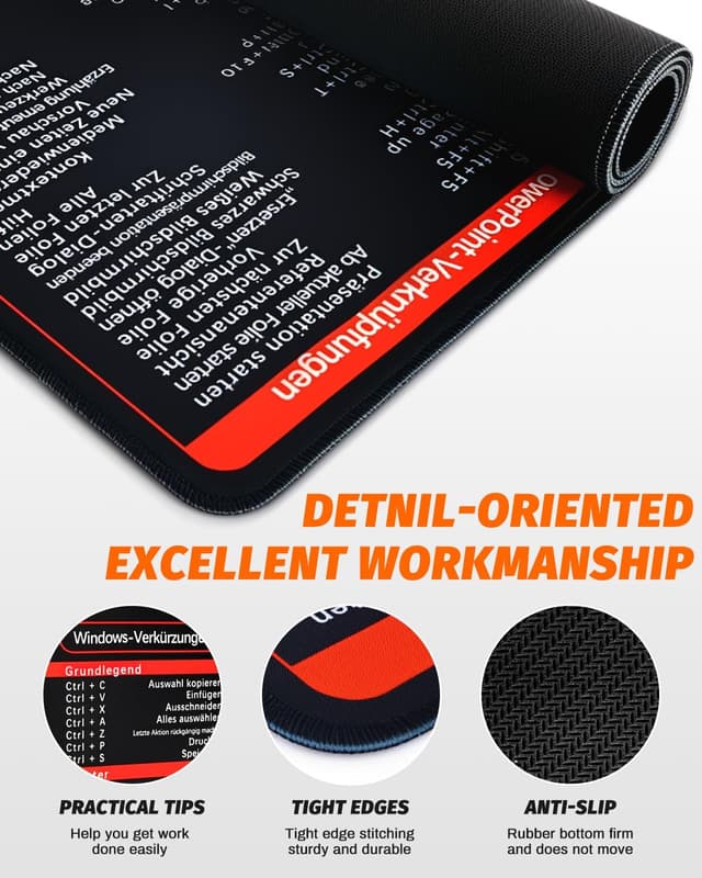 Detalle de 80x30 cm Excel Pad Deutsch & Excel Mauspad Deutsch – Schreibtischunterlage mit Handgelenkstütze für Home Office, Büro & Lernen